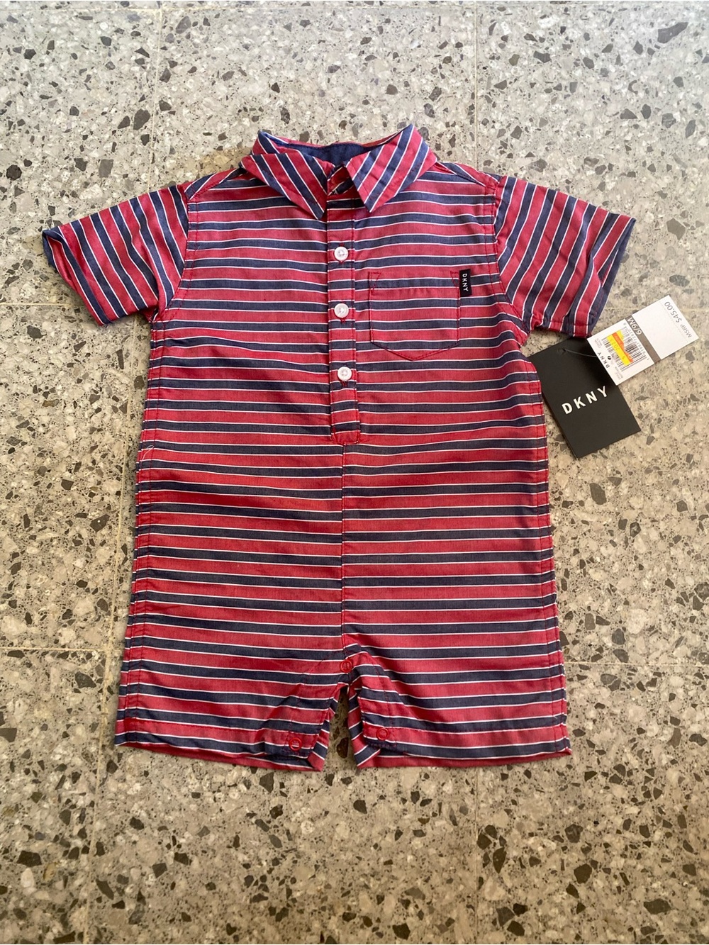 DKNY Red and Navy Blue Striped Short-Sleeve One-Piece Footie